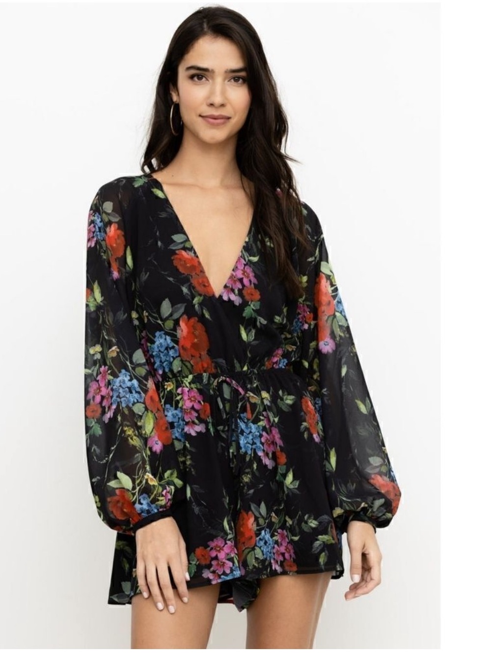 Yumi Kim Black Floral V-Neck Long Sleeve Romper
